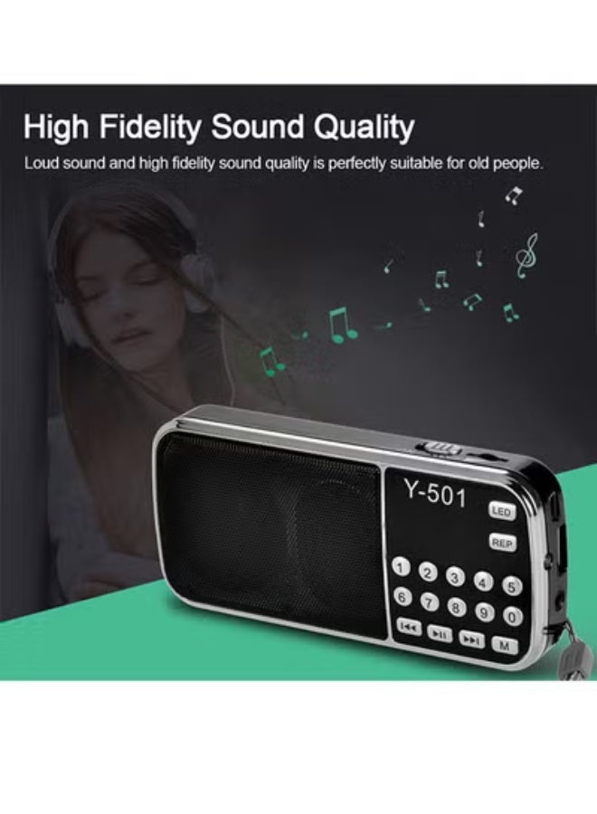 Y-501 Mini FM Radio Digital Portable 3W Stereo Speaker MP3 Audio Player High Fidelity Sound Quality w/ 0.75 Inch Display Screen LED Flashlight Support USB Drive TF Card AUX-IN Earphone-out - Image 5
